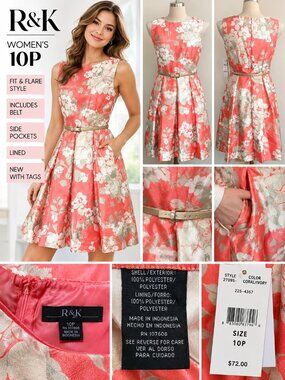 R&K Coral Ivory Floral Fit & Flare Dress Women’s 10P Belt Pockets NWT